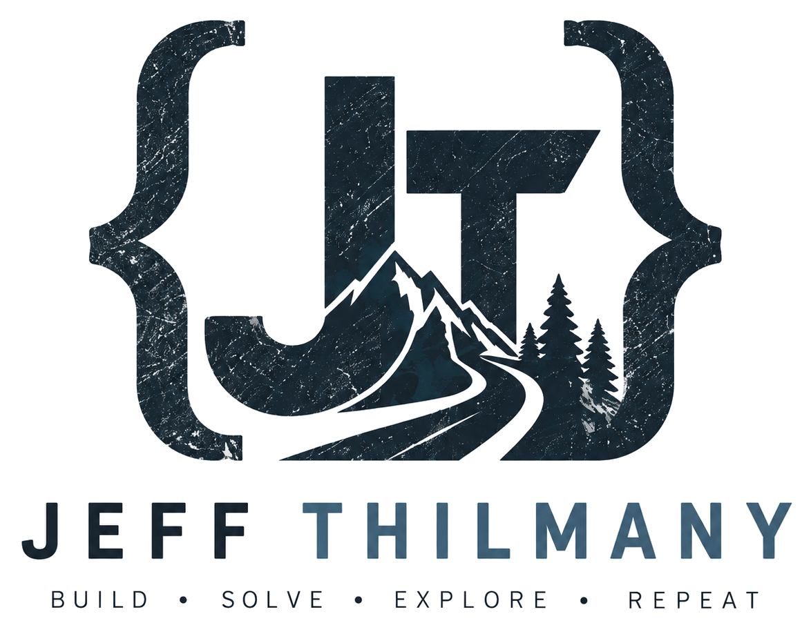 Jeff Thilmany — Build, Solve, Explore, Repeat. JT, code braces, mountains, a winding trail, and trees.